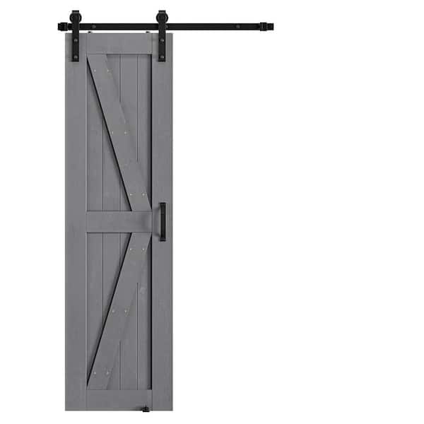 SOCBAZZAR 24 in. x 84 in. Grey Wood K-Shaped Natural Solid Finished Interior Sliding Barn Door with Hardware Kit