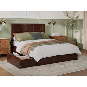 Madison Walnut Queen Solid Wood Storage Platform Bed with Flat Panel Foot Board and 2 Bed Drawers