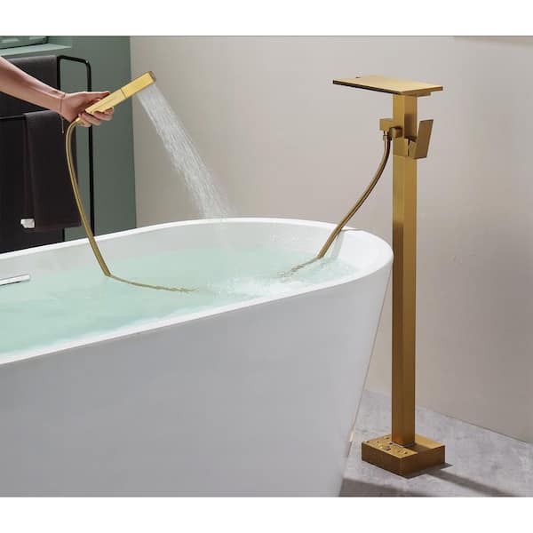 2-Handle Floor Mount Claw Foot Tub Faucet with Waterfall Spout and 2-Function Handheld Shower in Brushed Gold