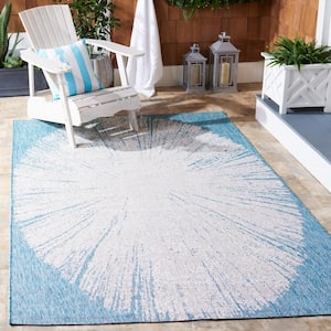 Courtyard Beige/Aqua Doormat 3 ft. x 5 ft. Floral Abstract Indoor/Outdoor Area Rug