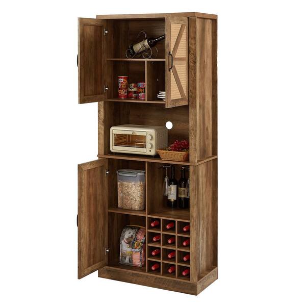 FUNKOL 31.5 in. x 15.7 in. x 76.4 in. Oak Color Wooden Wicker Wine Cabinet w/3 Valley Doors Microwav Shelf & Multiple Wine Rack