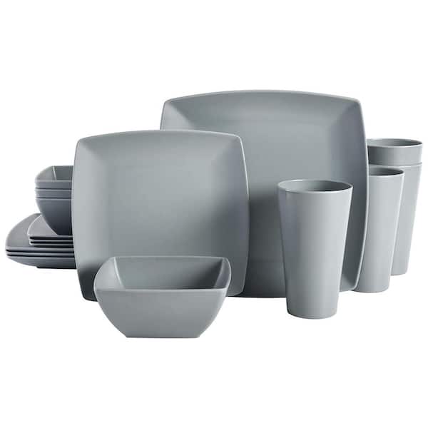 Gibson Home Grayson 16-Pcs Square Melamine Dinnerware Set Service of 4 in Grey