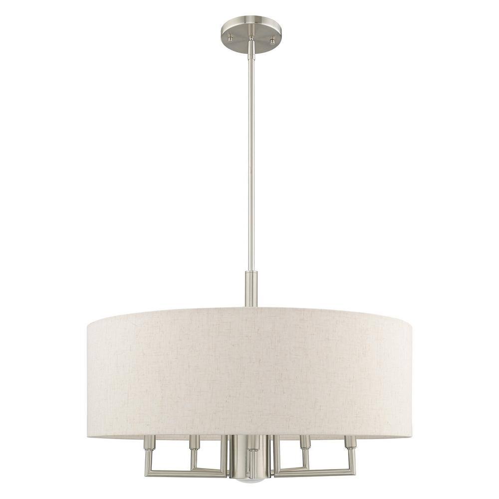 Meridian 6-Light Brushed Nickel Pendant with Oatmeal Fabric Shade