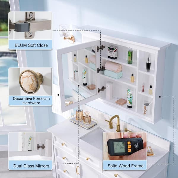 Forclover 40-in x 30-in Surface Mount White Mirrored Soft Close Medicine Cabinet