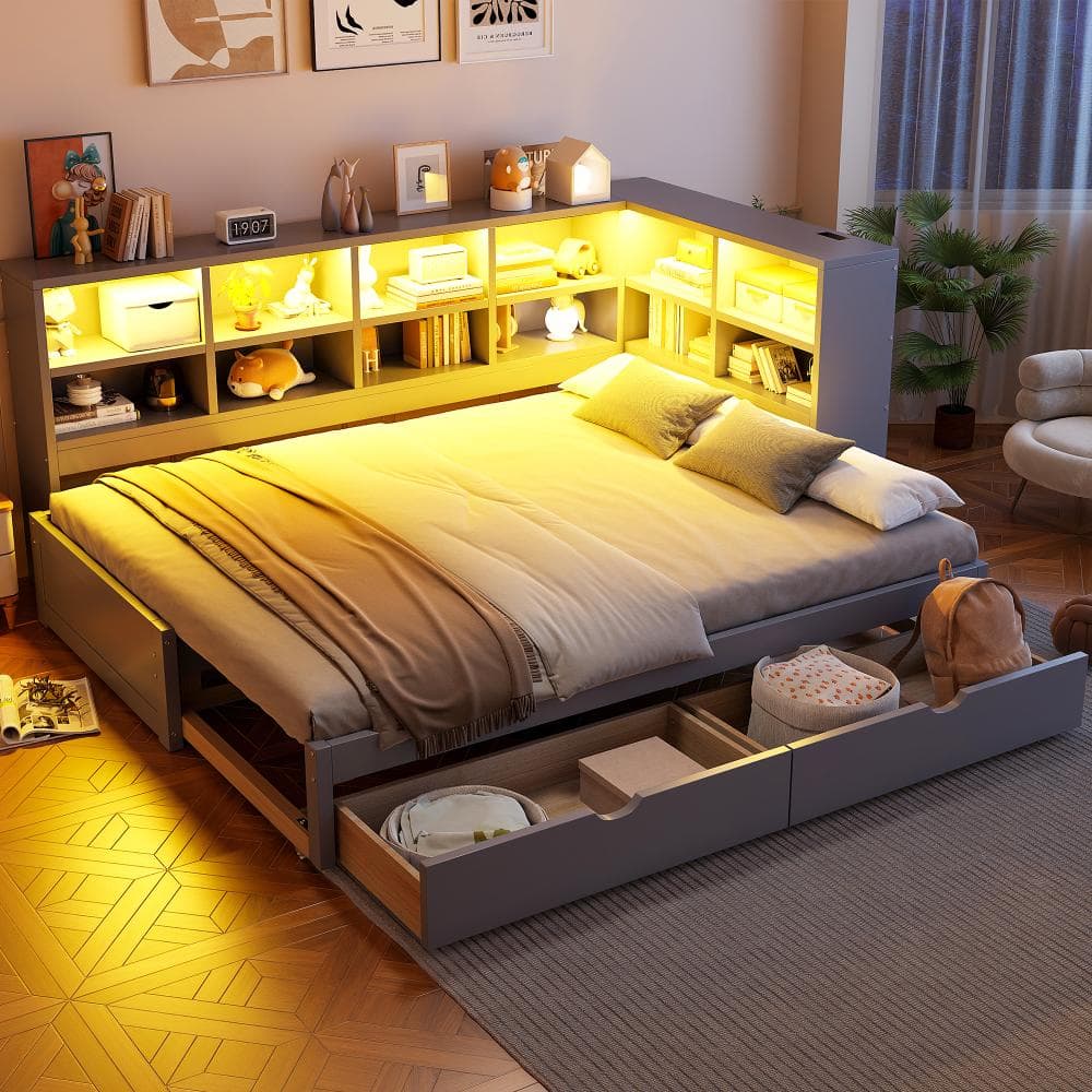 Gray Twin XL to King Size Daybed with 2 Drawers, Storage Cabinets, LED, USB and Type-C Ports price history on PriceWatchPro