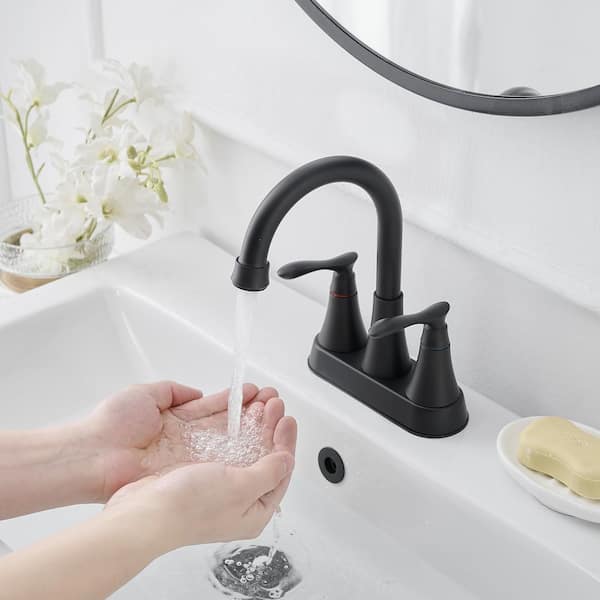 Easy Install 4 in. Centerset Double Handle Spot Resistant Bathroom Faucet with Drain Kit in Matte Black
