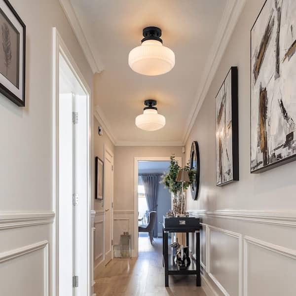 Lucie 11 in. 1-Light Schoolhouse Traditional Black Semi-Flush Mount Ceiling Light with Ribbed Opal Milk Glass Shade