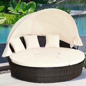 1-Piece Wicker Outdoor Patio Rattan Day Bed Adjustable Sofa with Beige Cushions
