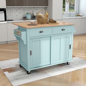Mint Green Wooden 52 in. Mobile Kitchen Island Cart with Solid Wood Drop-Leaf Countertop, Sliding Barn Door and 2-Drawer