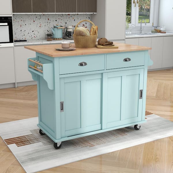 Unbranded Mint Green Wooden 52 in. Mobile Kitchen Island Cart with Solid Wood Drop-Leaf Countertop, Sliding Barn Door and 2-Drawer