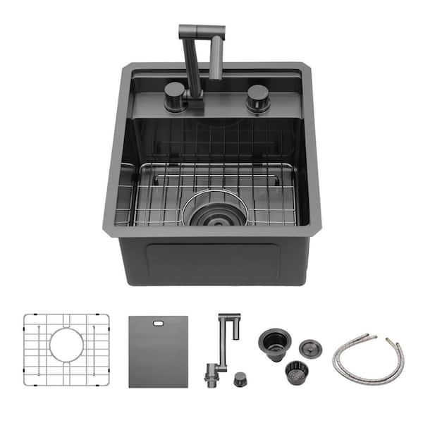 15 in. Gunmetal Black Undermount Bar Sink Single Bowl 16-Gauge Stainless Steel Kitchen Sink with Folding Faucet