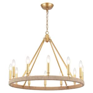 Calvin 12 Light Gold Candle Style Farmhouse Dimmable Kitchen Island Round Wagon Wheel Chandelier for Kitchen Island