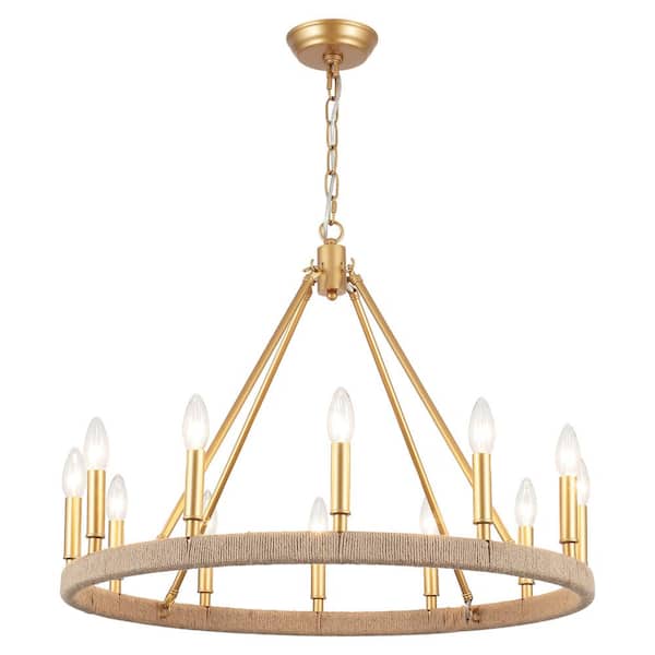 LWYTJO Calvin 12 Light Gold Candle Style Farmhouse Dimmable Kitchen Island Round Wagon Wheel Chandelier for Kitchen Island