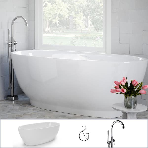 PELHAM & WHITE W-I-D-E Series Grandby 65 in. Acrylic Oval Freestanding Tub in White, Floor-Mount Single-Post Faucet in Polished Chrome