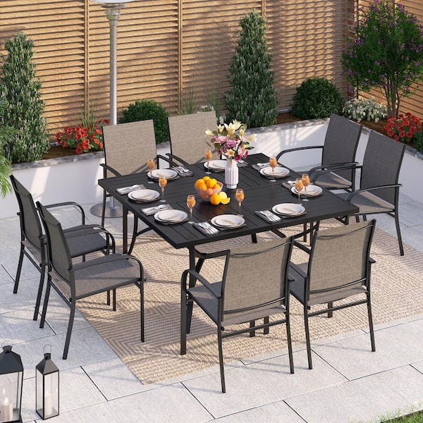PHI VILLA Black 9-Piece Metal Patio Outdoor Dining Set with Slat Square Table and Textilene Chairs