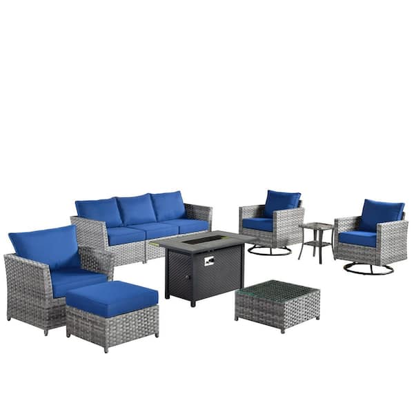 Eufaula Gray 10-Piece Wicker Patio Fire Pit Conversation Sofa Set with Swivel Rocking Chairs and Navy Blue Cushions