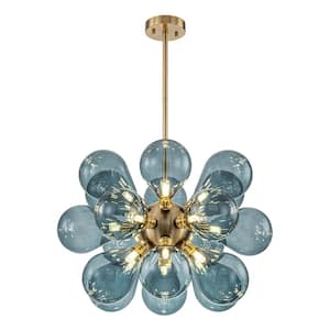 Alma 18-Light Blue and Brass Cluster Dandelion Sputnik Chandelier with Bubble Hand Blown Glass Shades for Dining Room