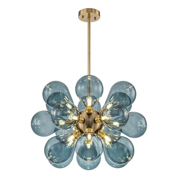 HUOKU Alma 18-Light Blue and Depot Bubble Hand Dining The Brass PD1039441 Dandelion with Cluster for Shades Chandelier Blown Sputnik Home Room Glass 