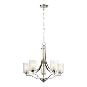 Elmwood 5-Light Brushed Nickel Modern Transitional Hanging Candlestick Chandelier with Satin Etched Glass Shades
