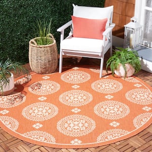 Courtyard Terracotta 7 ft. Round Floral Geometric Indoor/Outdoor Area Rug