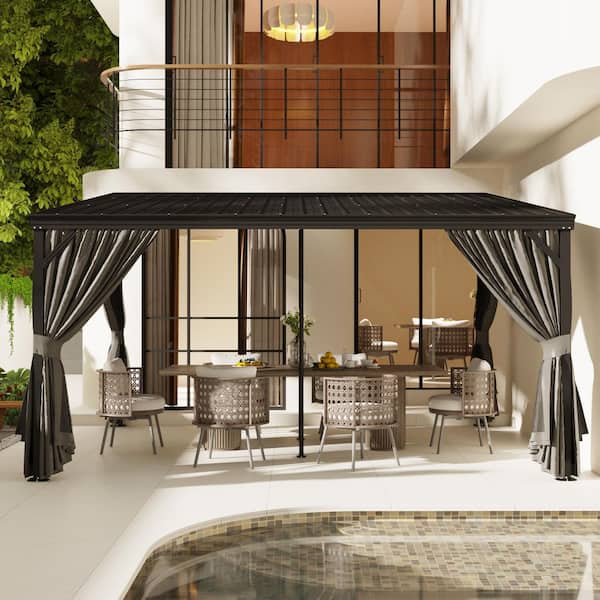 12 ft. x 14 ft. Hardtop Wall Mounted Gazebo with Sloping Galvanized Steel Roof, Wall Pergola with Aluminum Frame