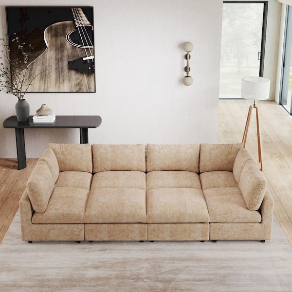 Sofa Covers Washable, 134 in. Square Arm 8-Piece Chenille Modular Sectional Sofa with Ottomans,Solid Wood Frame in Khaki