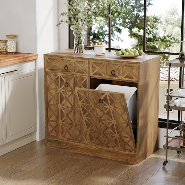 Brown Wood 39 in. Sideboards Double Tilt-Out Trash Cabinet, 13 Gal. Fluted Garbage Cabinet, Hidden Trash Bin Cabinets