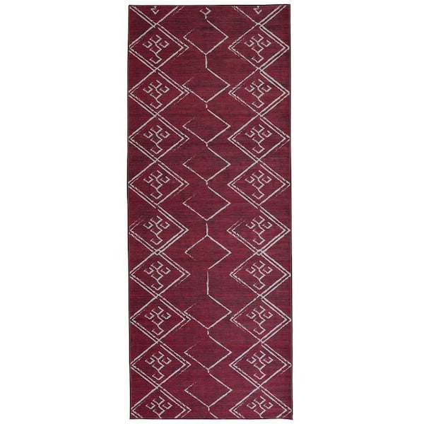 Aspen Burgundy Creme 2 ft. 8 in.. X 8 ft. Machine Washable Tribal Moroccan Bohemian Polyester Non-Slip Backing Area Rug