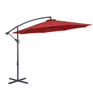10 ft. Crank Lift Steel Offset Cantilever Outdoor Patio Umbrella in Red with 8 Solid Ribs (1 Cross Base Included)