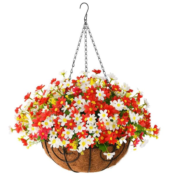 Unbranded 19 .7 in. Red, White Artificial Hanging Daisy Flowers in Basket for Home Wedding Garden Decoration