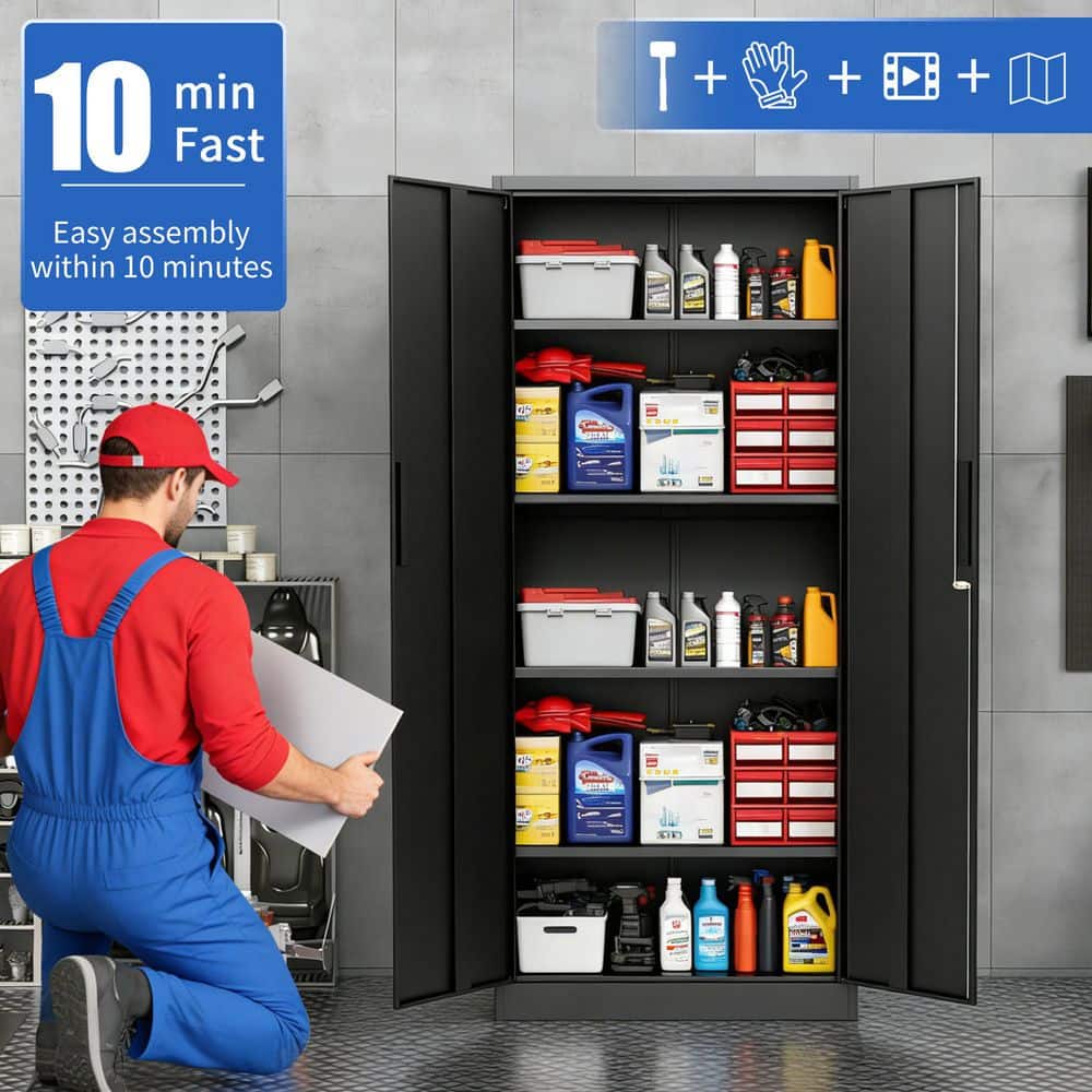 Instructions showing the quick assembly of a storage cabinet.