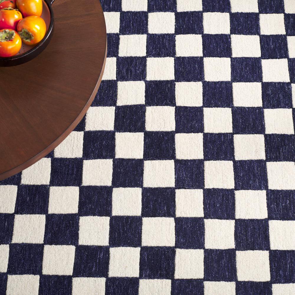Navy and Ivory Checkered Handmade Wool Area Rug, 3' x 5'