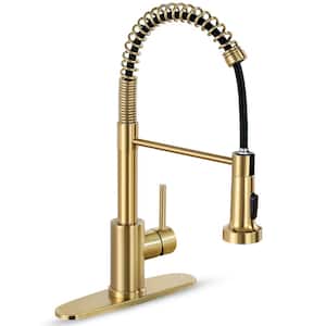 Single Handle Pull Down Sprayer Kitchen Faucet Spring Stainless Steel Kitchen Sink Faucet in Brushed Gold
