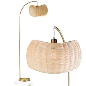 Wave 81 in. Antique Brass Mid-Century Modern 1-Light LED Energy Efficient Floor Lamp with Beige Bamboo Drum Shade