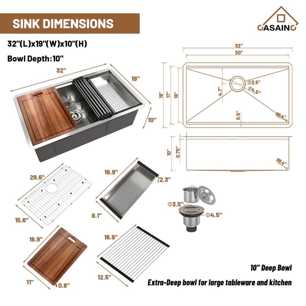 32" Brushed Stainless Steel Undermount Workstation Kitchen Sink