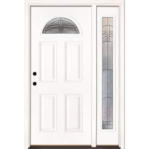 50.5 in. x 81.625 in. Rochester Patina Fan Lite Unfinished Smooth Right-Hand Fiberglass Prehung Front Door with Sidelite