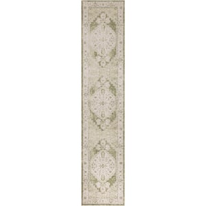 Astra Machine Washable Ivory Green 2 ft. x 8 ft. Center medallion Traditional Runner Area Rug