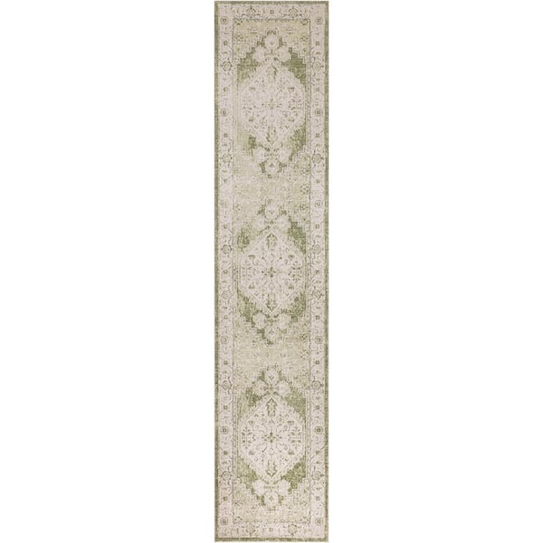 Nourison Astra Machine Washable Ivory Green 2 ft. x 8 ft. Center medallion Traditional Runner Area Rug