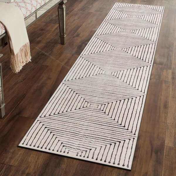 Bohemian Stripes Washable Non Slip Beige 2 ft. x 10 ft. Runner Rug