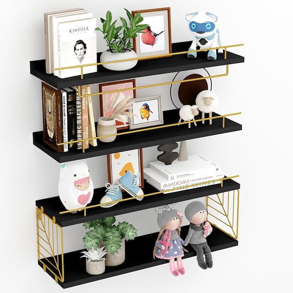 Teamson Kids 15.8 in. W x 5.9 in. D Decorative Wall Shelf, Black Gold 3+1 Tier Bathroom Shelves Over Toilet with Towel Bar