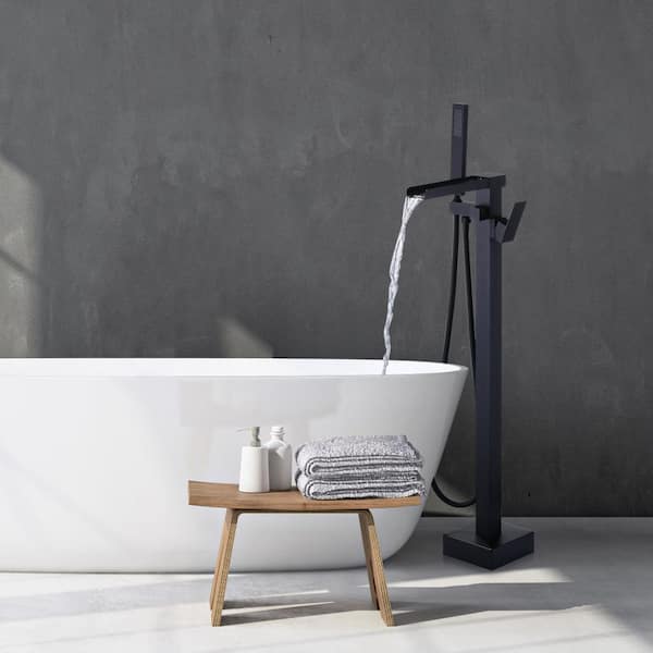 Single Handle Free Standing Bathtub Faucet with Hand Shower in Black