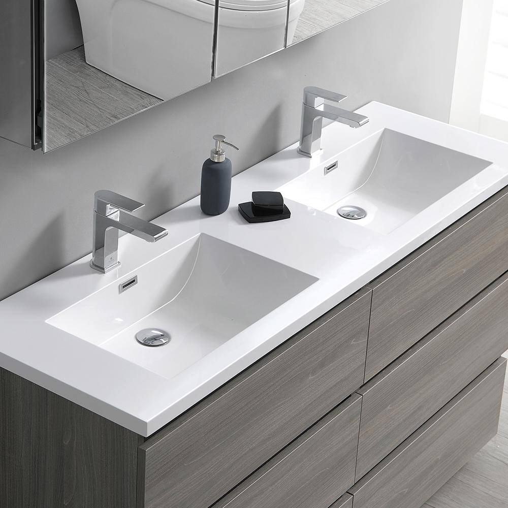 Gray Wood 60" Freestanding Double Sink Vanity with Acrylic Top