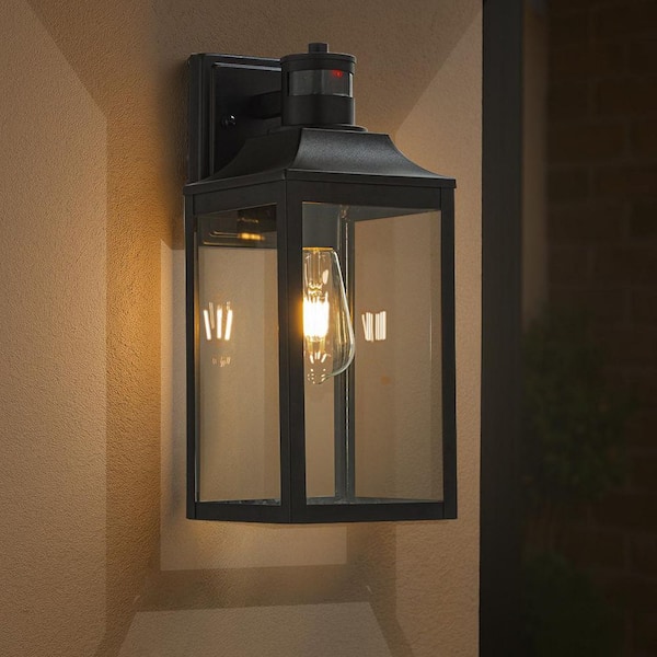 1 Light H16 in. Farmhouse Outdoor Wall Lantern wiht Motion Sensor in Matte Black Modern Exterior Wall Sconce