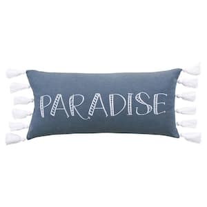 Truro Dusty Blue and White "PARADISE" Embroidered with Tassels 12 in. x 24 in. Throw Pillow