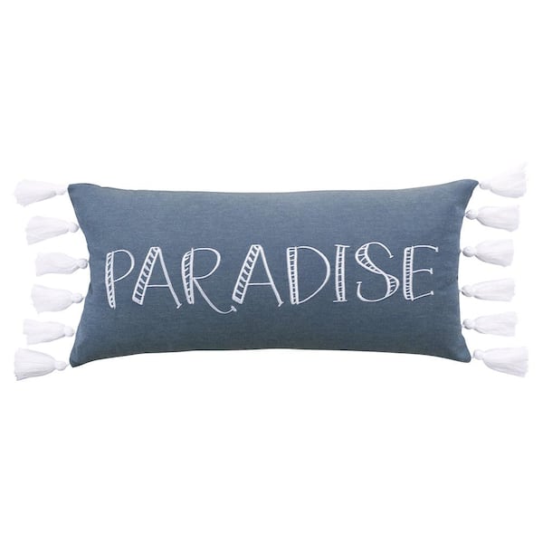LEVTEX HOME Truro Dusty Blue and White "PARADISE" Embroidered with Tassels 12 in. x 24 in. Throw Pillow