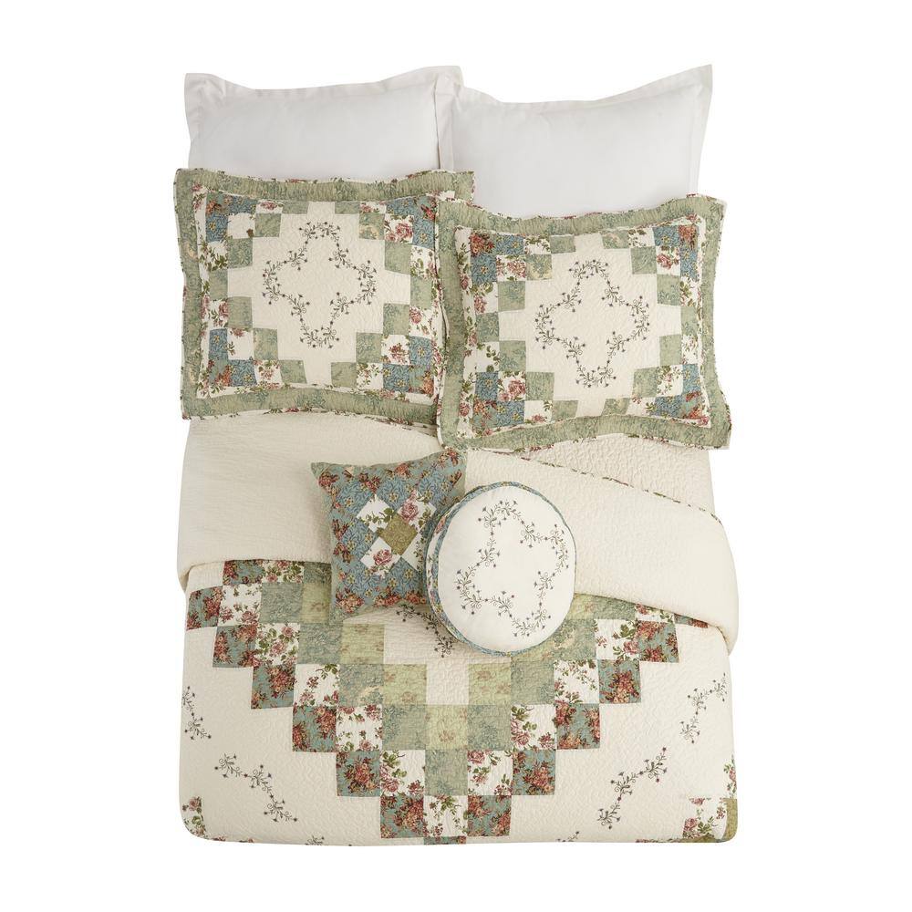 Olivia Green and Cream Cotton Queen Bedspread with Floral Embroidery