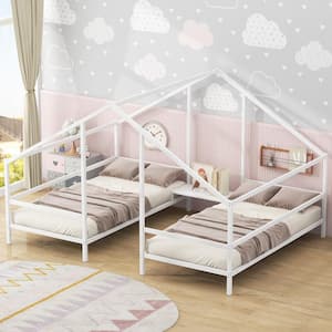 White Double Metal Twin Size Platform Beds with Triangular House Canopy Frame and a Built-in Table