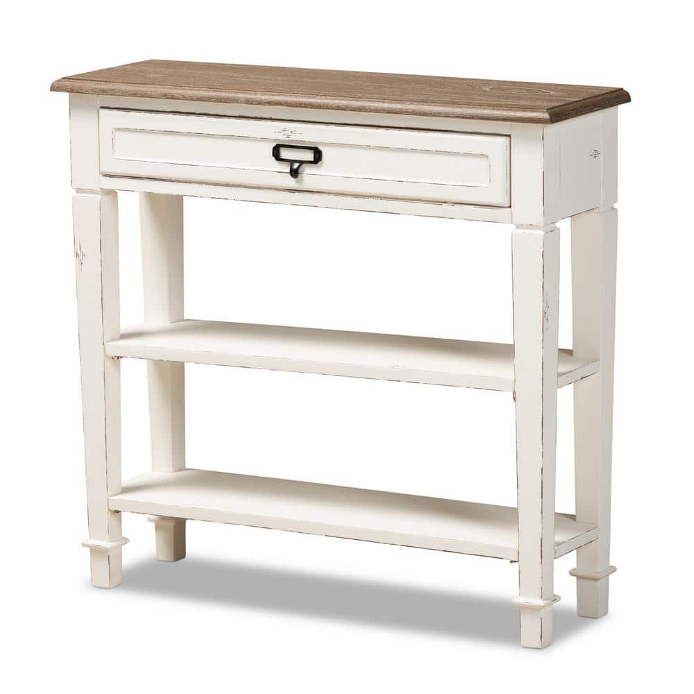 Distressed White and Natural Wood Console Table with Storage