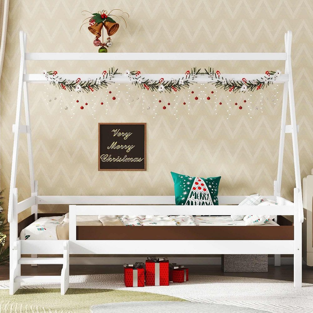 White Pine Wood Frame Twin Platform Bed with Stairs and Solid Wood