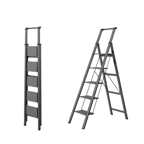 5 Step Ladder Aluminum Foldable Anti-Slip Pedals Lightweight Easy Storage Reach 10 ft. 300 lbs. Capacity Black